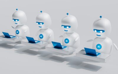 un groupe de robots blancs assis sur des ordinateurs portables