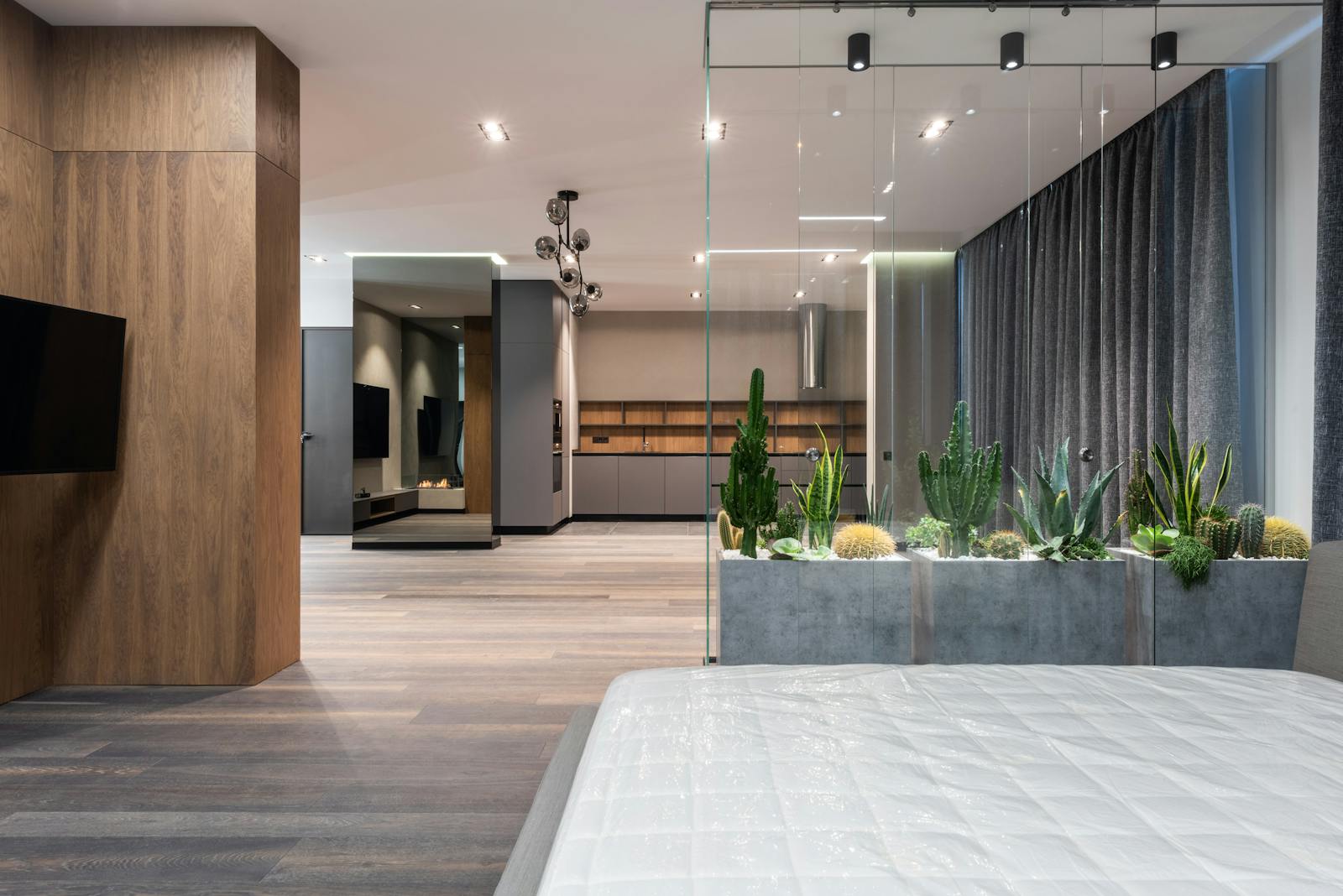 Intérieur spacieux et moderne avec un mur en verre et des plantes d'intérieur vibrantes.
